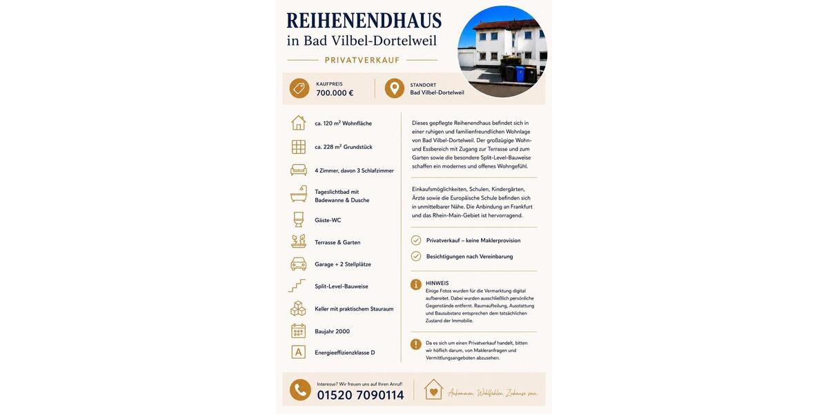 Reihenhaus Bad Vilbel - 4 Zimmer, 120 m&sup2;, 700.000&euro; | Angebot:27027765