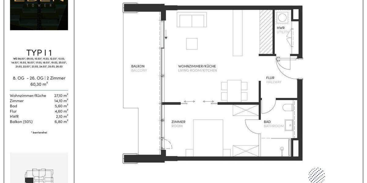Etagenwohnung Frankfurt am Main Gallus - 2 Zimmer, 60 m&sup2;, 580.000&euro; | Angebot:26085805