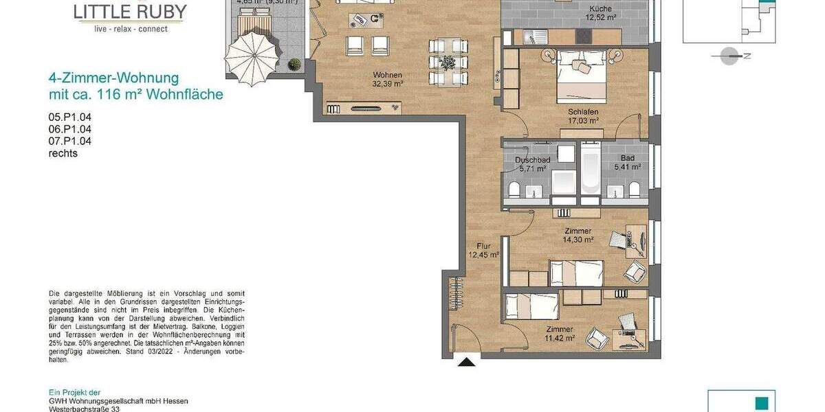 Etagenwohnung Frankfurt am Main Schwanheim - 4 Zimmer, 115 m&sup2;, 1.884&euro; | Angebot:25777437