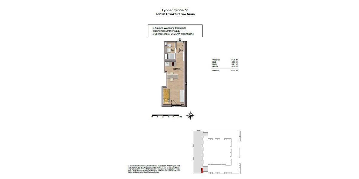 Etagenwohnung Frankfurt am Main Niederrad - 1 Zimmer, 24 m&sup2;, 780&euro; | Angebot:25544471