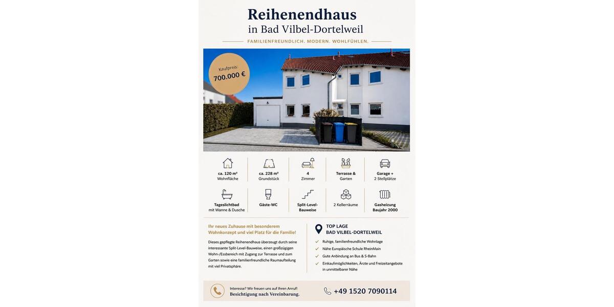 Reihenhaus Bad Vilbel - 4 Zimmer, 120 m&sup2;, 700.000&euro; | Angebot:27027765