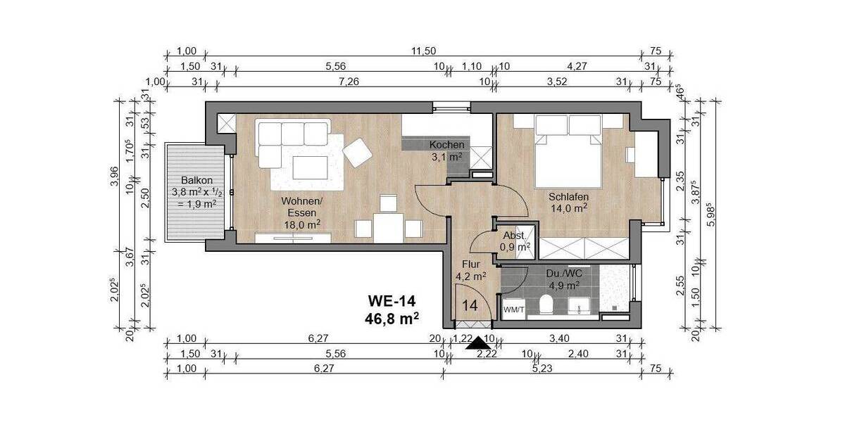 Etagenwohnung Offenbach am Main Bürgel - 2 Zimmer, 46 m&sup2;, 264.960&euro; | Angebot:26908461