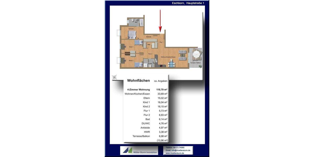Etagenwohnung Eschborn - 4 Zimmer, 120 m&sup2;, 2.035&euro; | Angebot:25670421