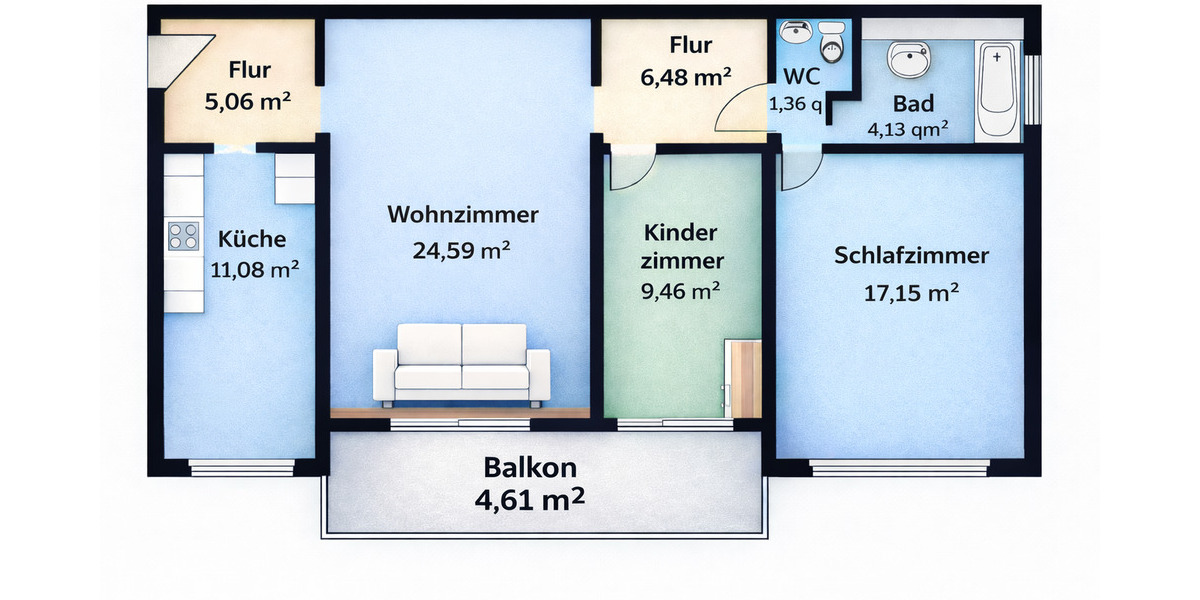 Etagenwohnung Frankfurt am Main Eckenheim - 3 Zimmer, 84 m&sup2;, 370.000&euro; | Angebot:25690977