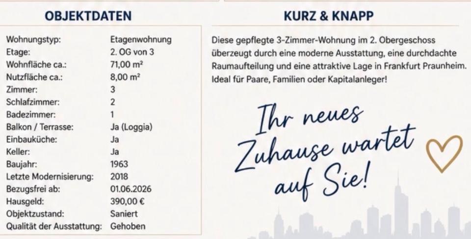 Etagenwohnung Frankfurt am Main Nord-West - 3 Zimmer, 71 m&sup2;, 315.000&euro; | Angebot:26886472