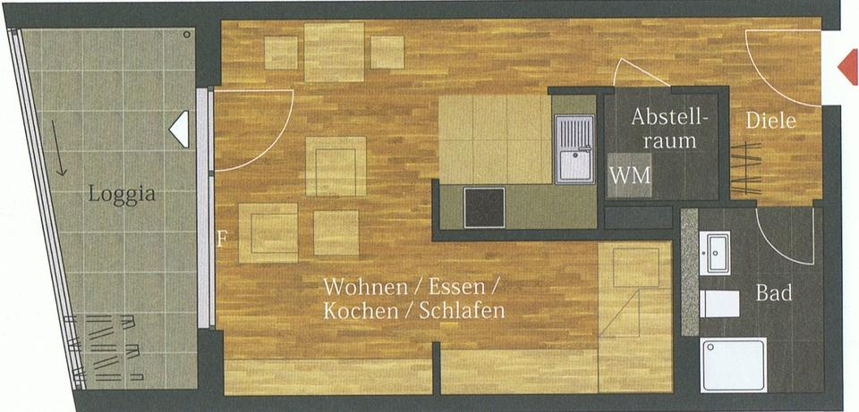 Hochparterre Frankfurt am Main Kalbach - 1.5 Zimmer, 43 m&sup2;, 309.000&euro; | Angebot:27078119