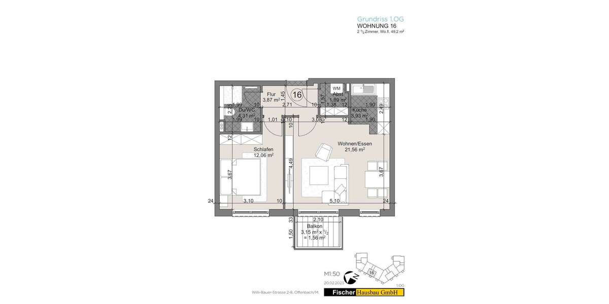 Etagenwohnung Offenbach am Main Waldhof - 2 Zimmer, 49 m&sup2;, 904&euro; | Angebot:27162884