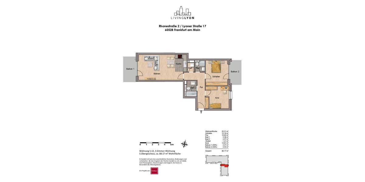 Etagenwohnung Frankfurt am Main Niederrad - 3 Zimmer, 88 m&sup2;, 1.490&euro; | Angebot:26347957