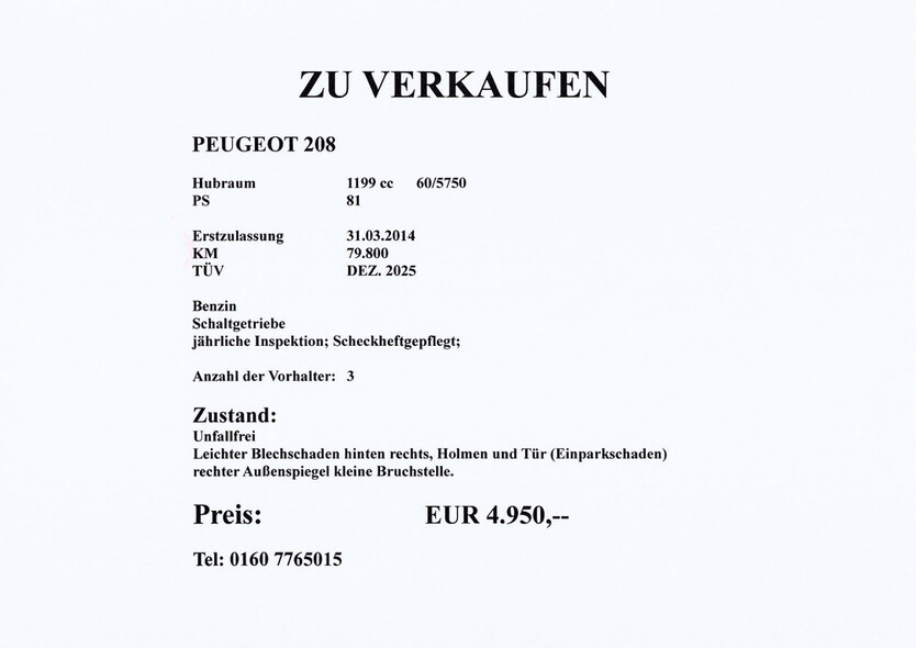 Peugeot 208 79.800 km 4.950 € Neu-Isenburg 63263