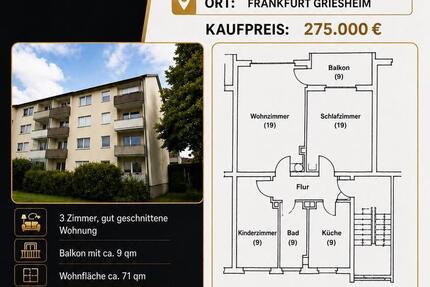 Wohnung Offenbach am Main Bieberer Berg - 3 Zimmer, 71 m&sup2;, 275.000&euro; | Angebot:27441306