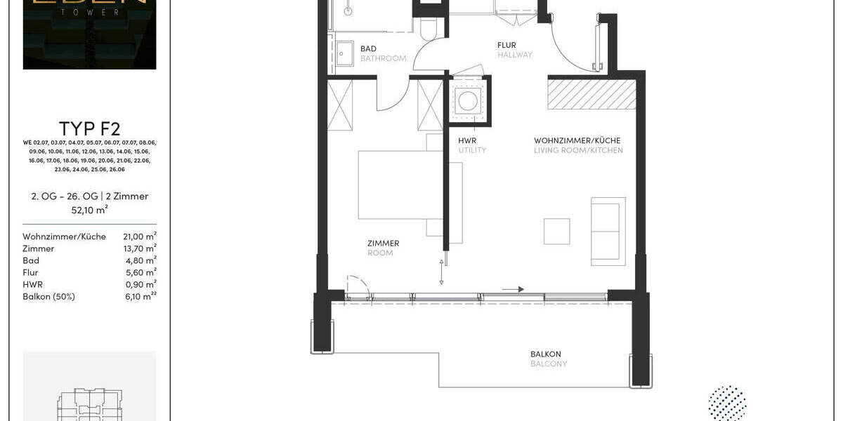 Etagenwohnung Frankfurt am Main Gallus - 2 Zimmer, 52 m&sup2;, 510.000&euro; | Angebot:25976322